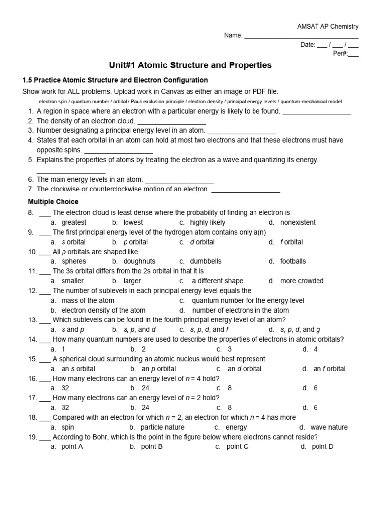 Unit#1 1.5 Practice Atomic Structure and Electron Configurations (09!08 ...
