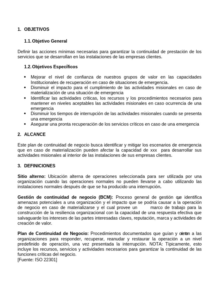 Plan de Continuidad de Negocio y Emergencias | PDF | Riesgo | Valores