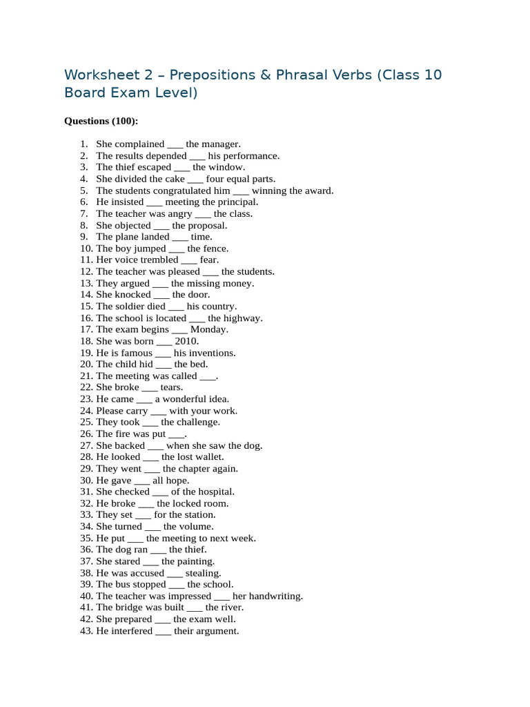 Prepositions & Phrasal Verbs Worksheet | PDF