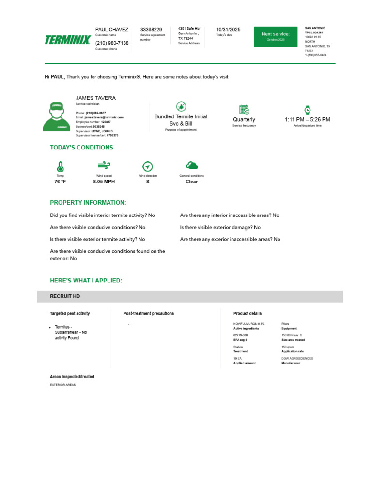 Terminix Termite Service Report - San Antonio | PDF | Pesticide
