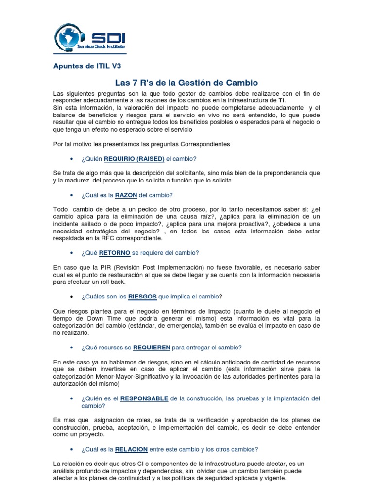 Apuntes ITIL v3 Las 7 R's de La Gestión de Cambio | PDF | Itil | Business