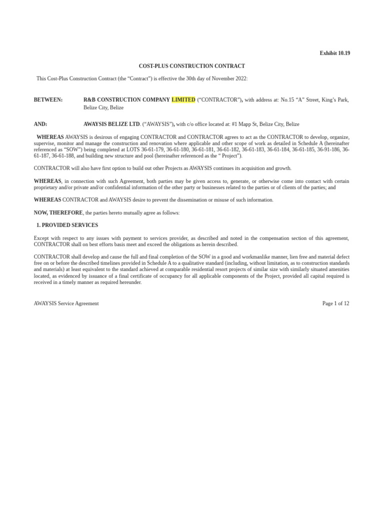 Exhibit 1019 Cost-Plus Construction Contract | PDF | Insurance | Indemnity