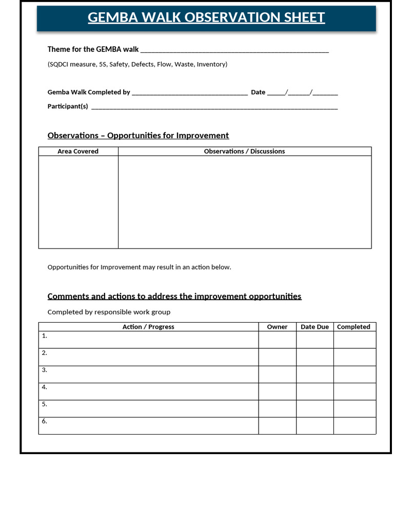 Gemba Walk Observation Sheet | PDF