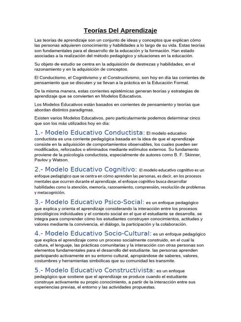 Teorías y Modelos de Aprendizaje Educativo | PDF | Aprendizaje | Teoría ...