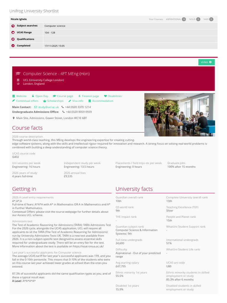 UCL Computer Science MEng 2026 Overview | PDF | University College ...