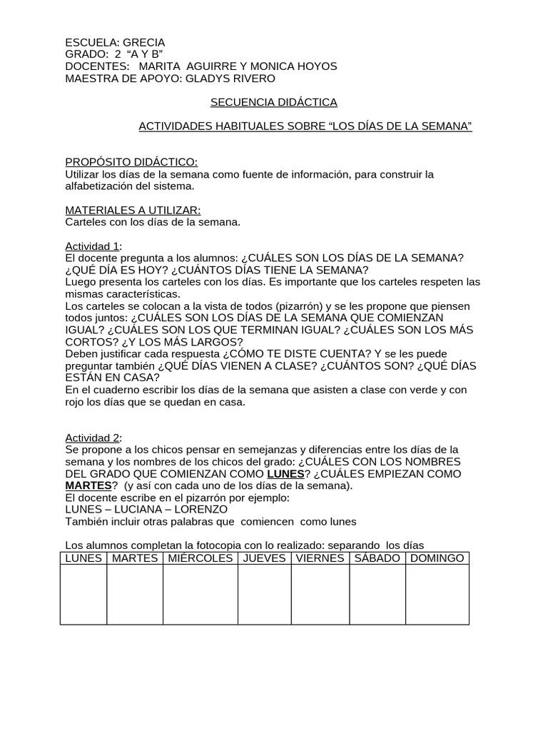 Actividades Didácticas: Días de la Semana | PDF