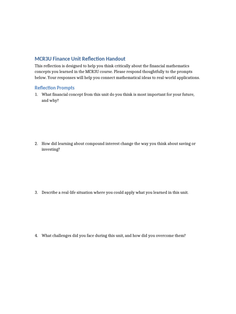 MCR3U Finance Reflection Handout | PDF | Mathematics | Interest
