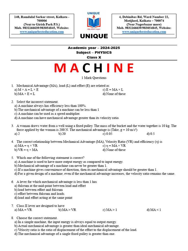 3.Machine Structured Questions | PDF | Lever | Force
