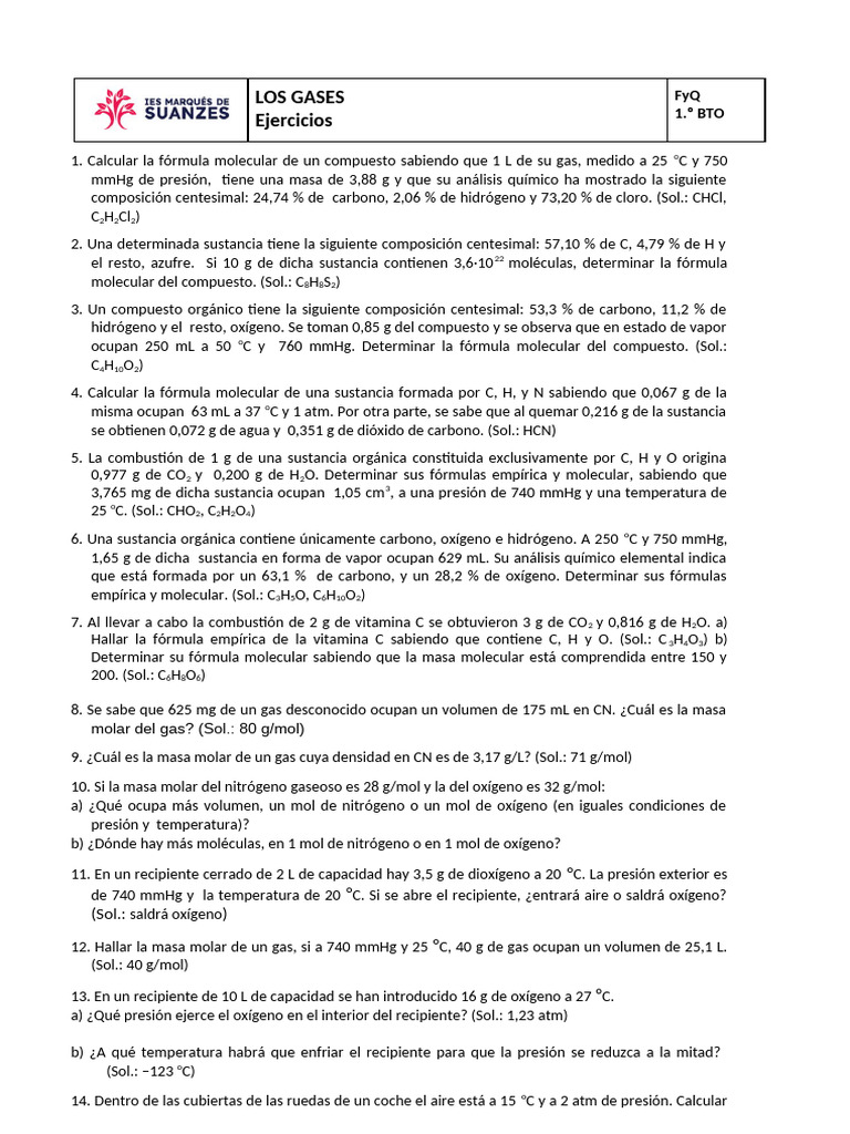 Copia de U4. Los gases - ejercicios | PDF | Oxígeno | Mole (Unidad)