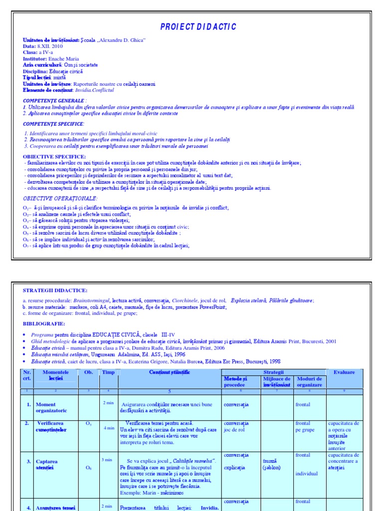 5 Proiect De Lectie Clasa A Iv A