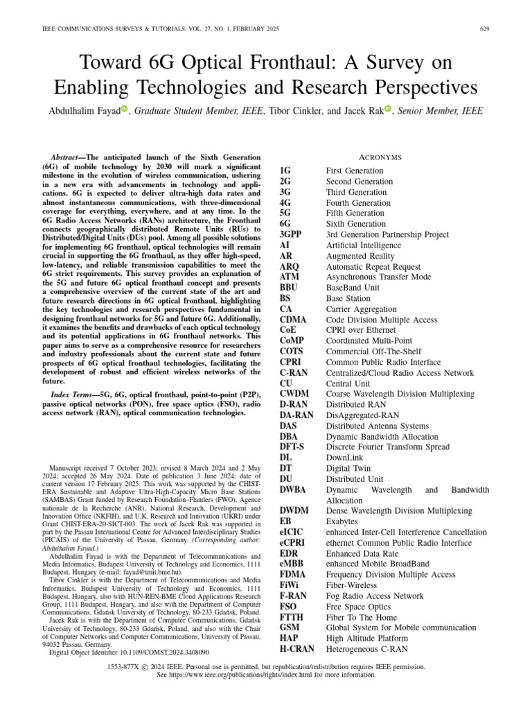 Toward 6G Optical Fronthaul A Survey On Enabling Technologies and ...