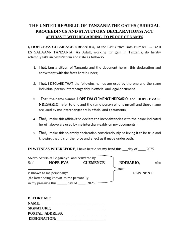 Affidavit of Name Declaration Tanzania | PDF
