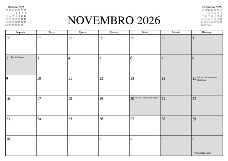 Calendário de Novembro 2026 | PDF