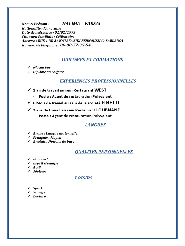 CV de Halima Farsal - Agent de restauration | PDF