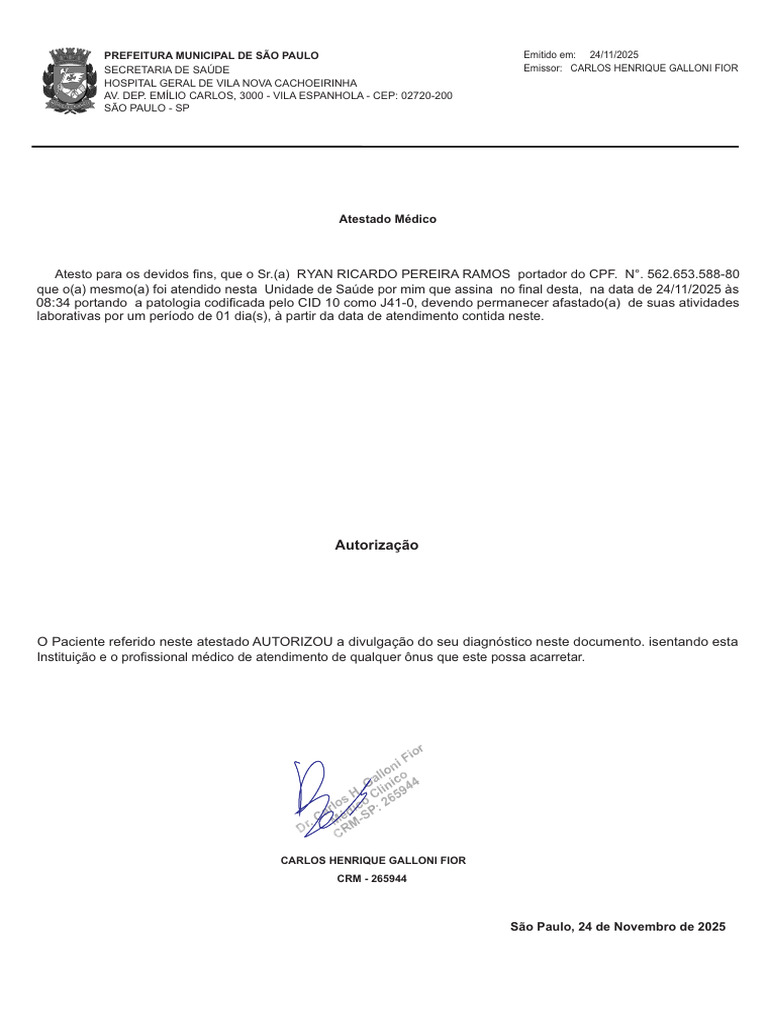 Atestado Médico de Ryan Ricardo Ramos | PDF