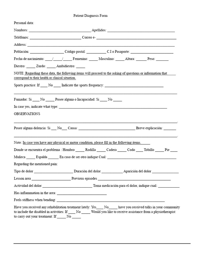 Patient Diagnosis Form | PDF | Health Sciences | Medicine