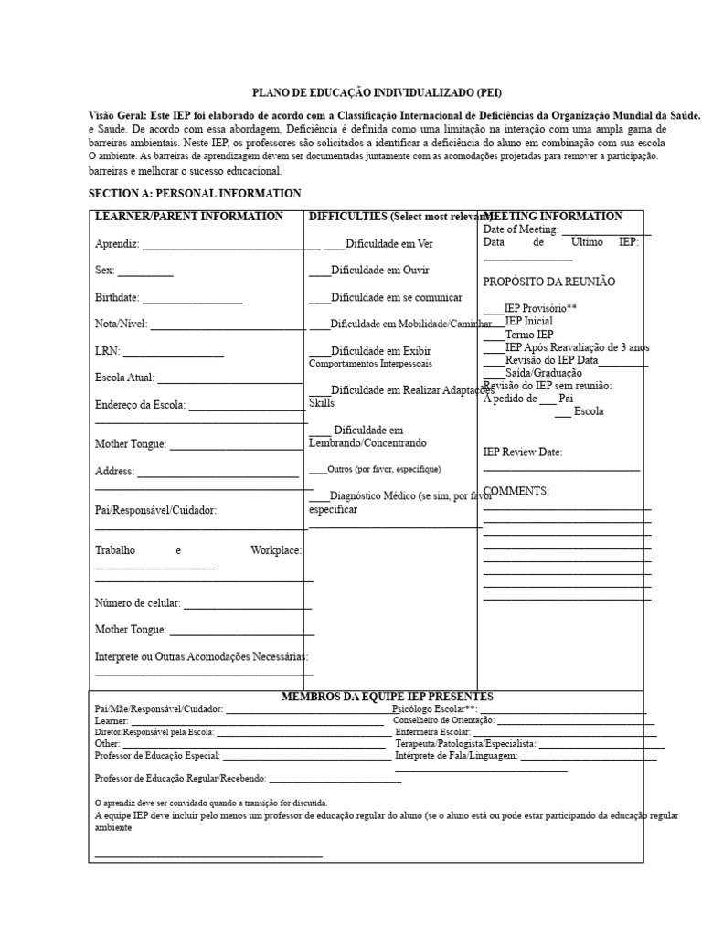 Plano de Educação Individualizado (PEI) | PDF | Aprendizado ...
