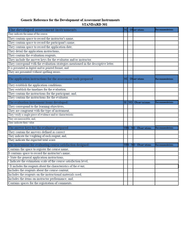 Checklist - Evaluation Instruments - Standard 301 | PDF