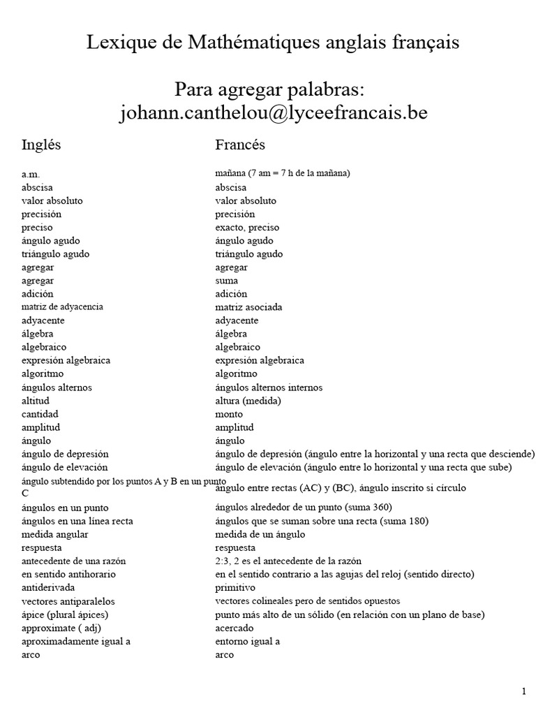 Glosario Matemático Inglés-Francés | PDF | Ángulo | Trigonometría