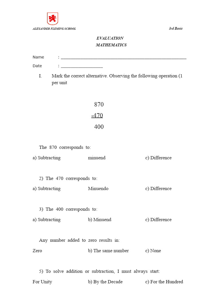 Math Test 3rd Grade Addition | PDF
