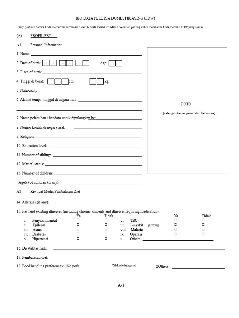 Biodata Pekerja Domestik Asing FDW | PDF