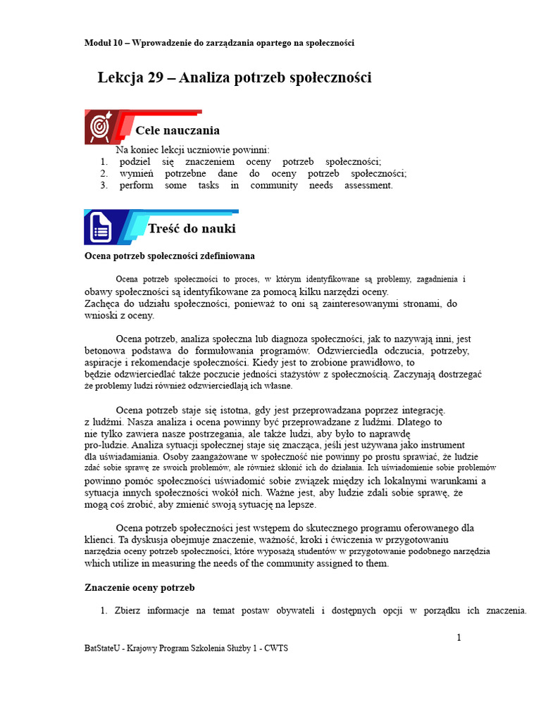 Lekcja 29 Analiza Potrzeb Społeczności: Cele Nauczania | PDF