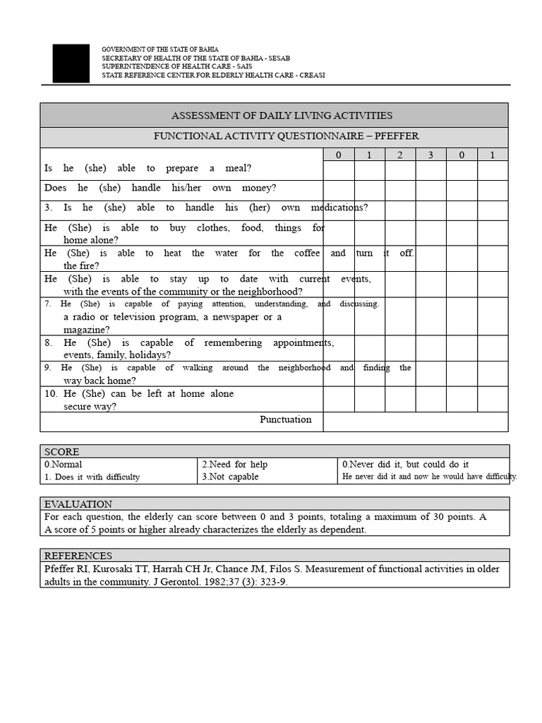 Pfeffer Assessment of Daily Living Activities | PDF