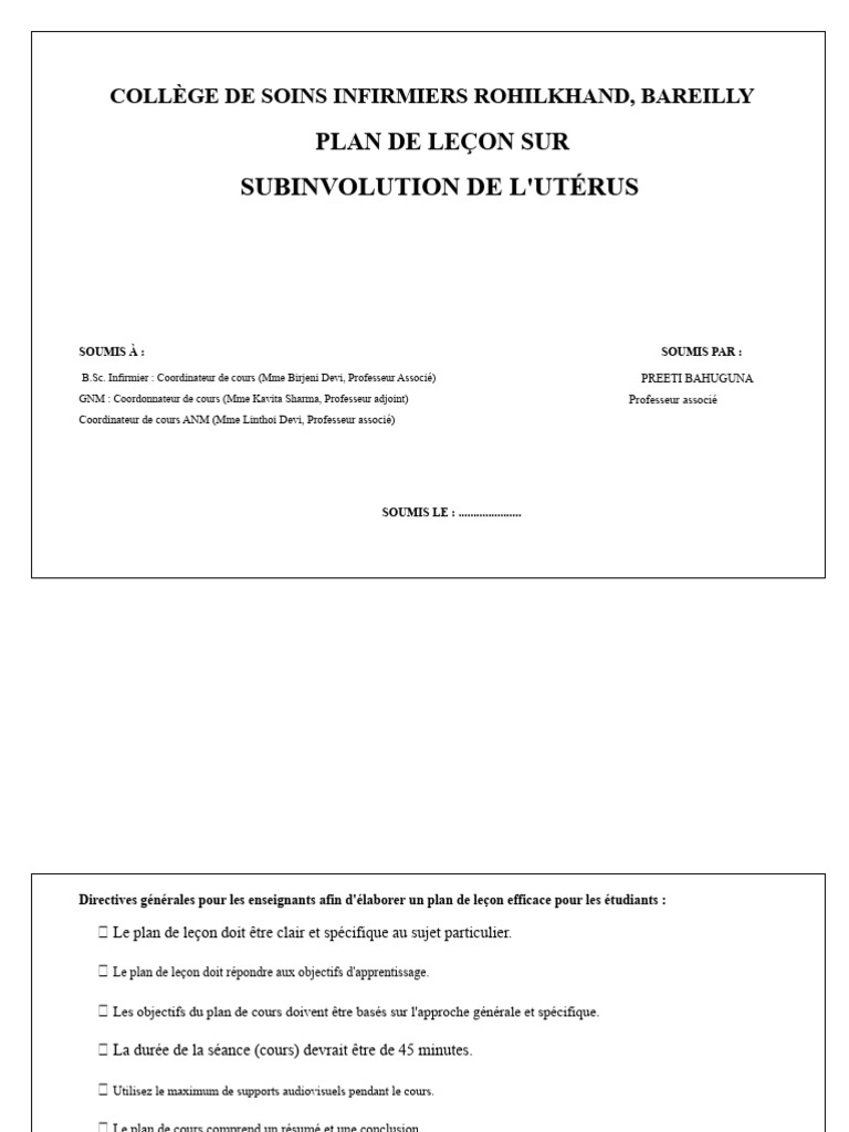 Plan de leçon sur la subinvolution utérine | PDF | Accouchement | Utérus