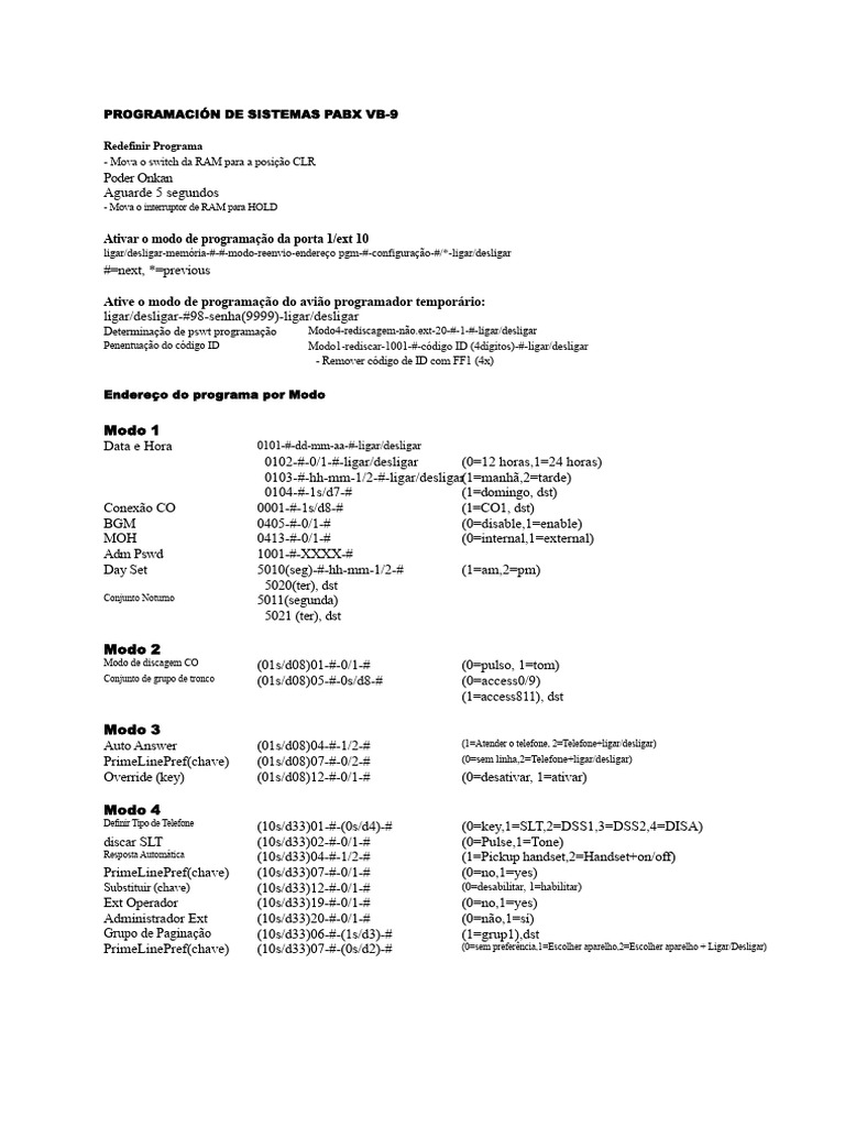 Programação do Sistema PABX VB-9 | PDF | Arquitetura de computadores ...