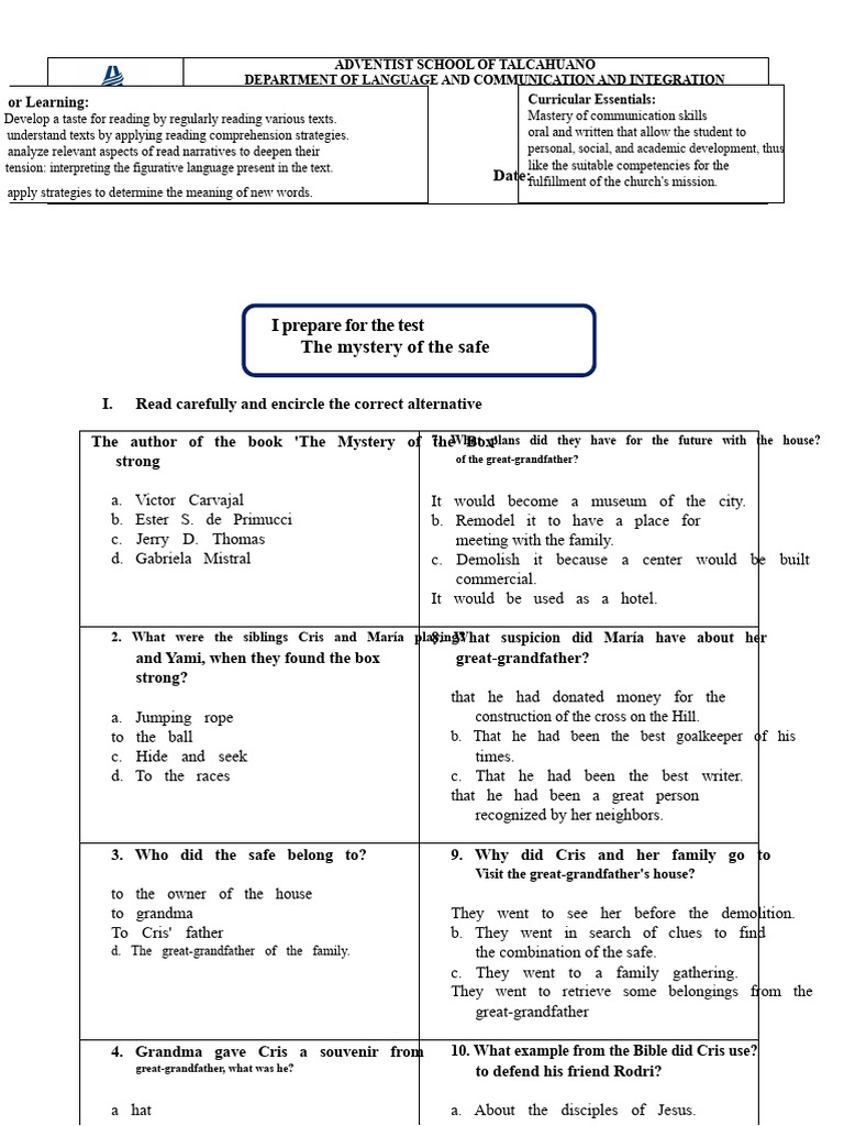 5th Grade A - Language - READING COMPREHENSION ACTIVITY - THE MYSTERY