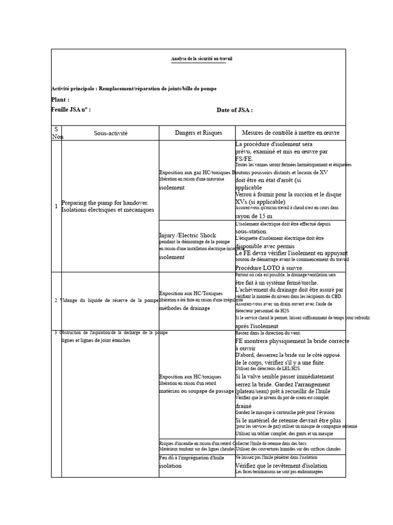 Sécurité au travail : Analyse JSA Pompes | PDF