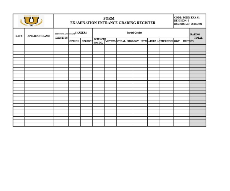 Form-Exa-01 Examination Entry Grades Registration Form | PDF