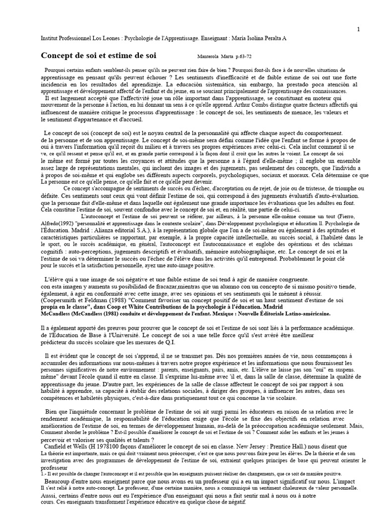 Estime de soi et apprentissage scolaire | PDF | Concept de soi | Estime ...