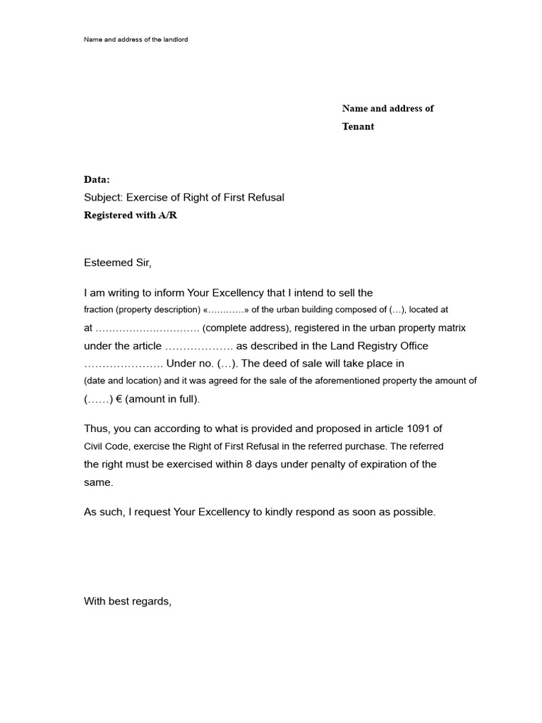 Letter To Be Sent by The Landlord To The Tenant To Exercise The Right ...