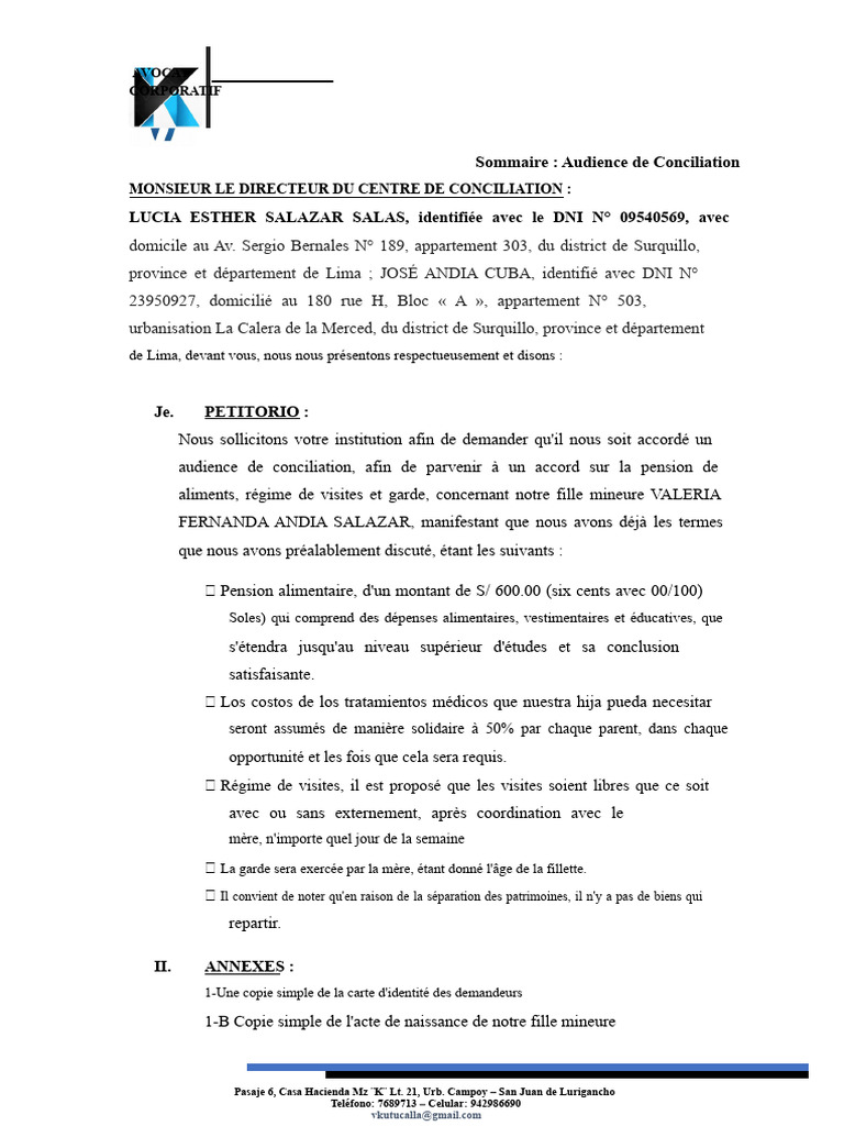 Demande d'Audience de Conciliation Alimentaire | PDF
