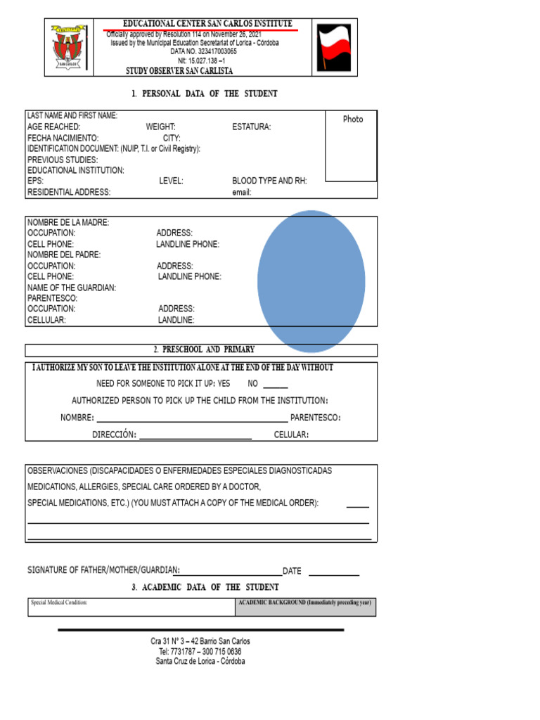 Student Observer Form for San Carlos Institute | PDF