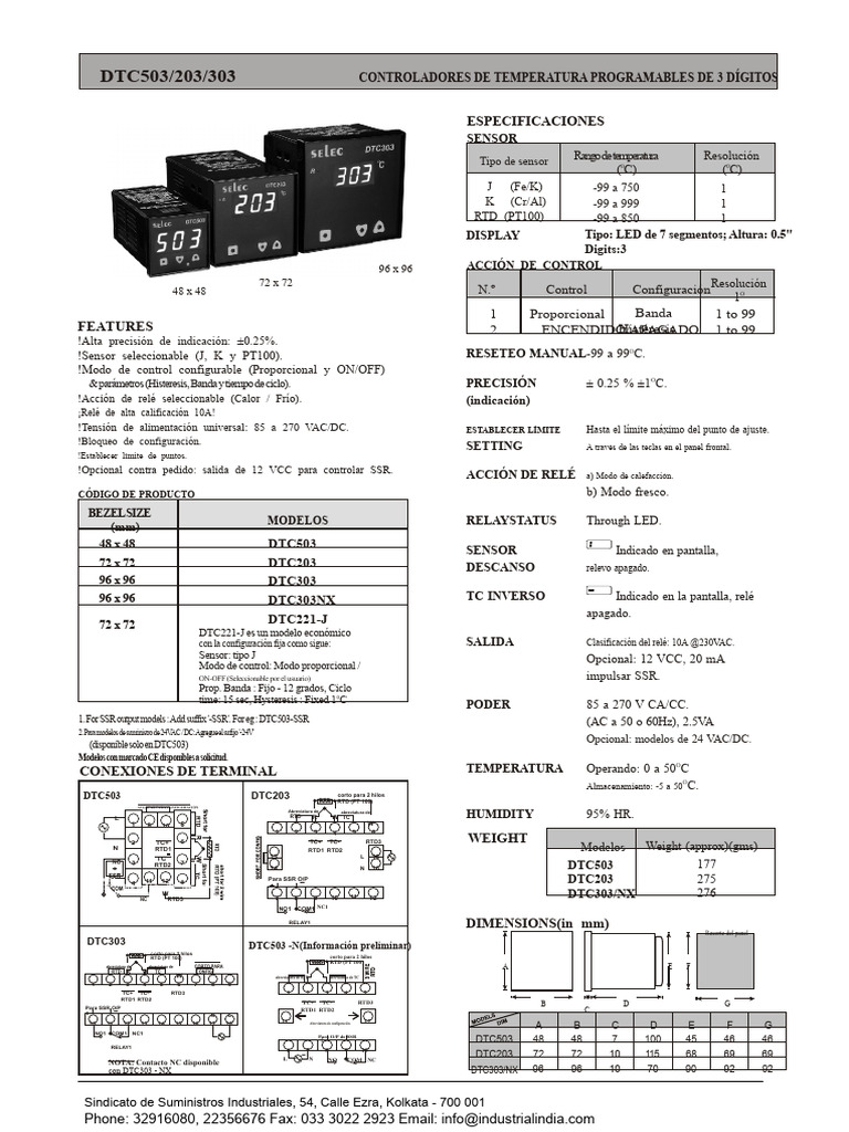 Controlador de Temperatura Digital Selectron DTC503 203 303 | PDF ...