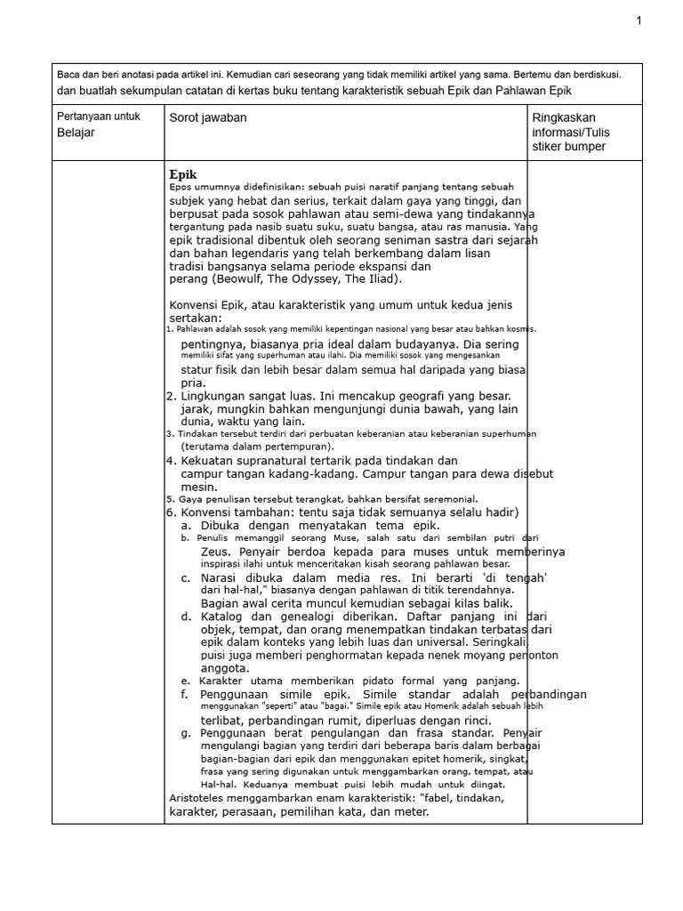 Epik Dan Karakteristik Pahlawan Epik 1 | PDF