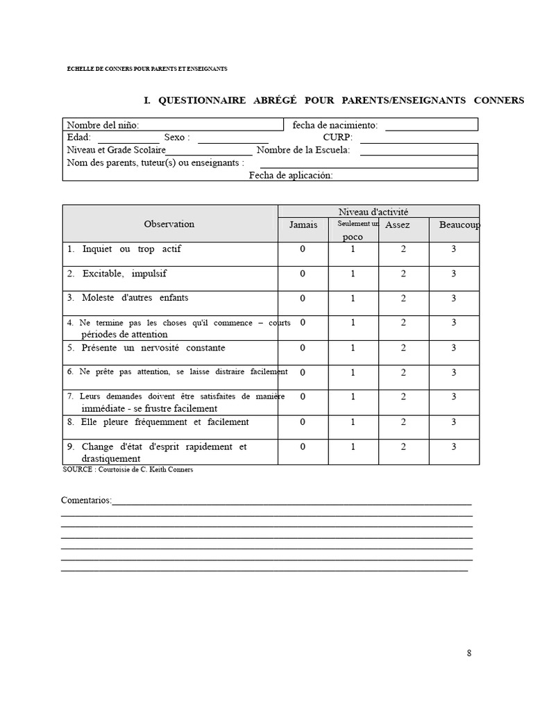 Échelle de Conners : Questionnaire Parents/Enseignants | PDF