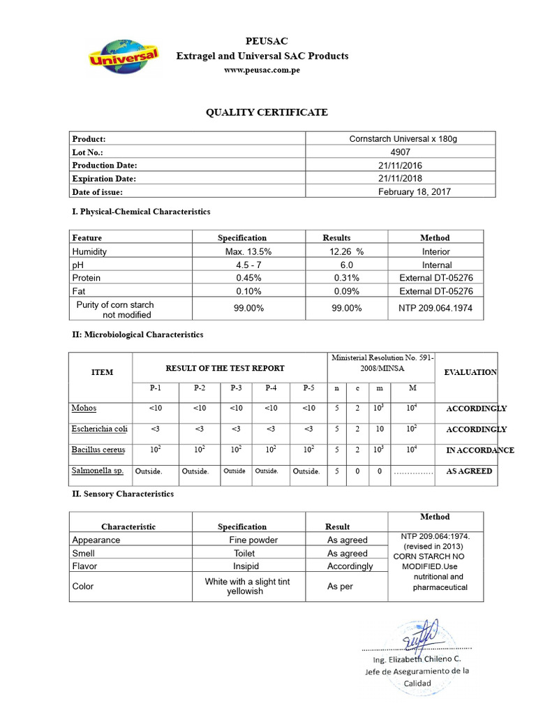 Cornstarch Universal Quality Certificate | PDF | Corn Starch | Biology