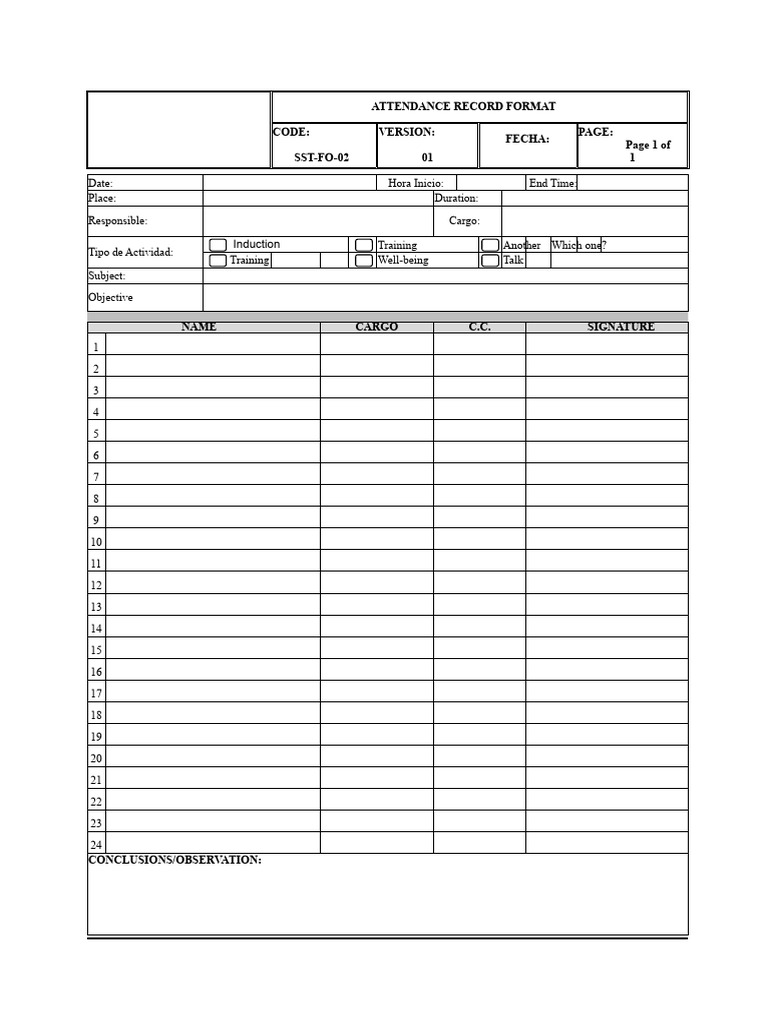 SST-FO-02 Attendance Record Format | PDF