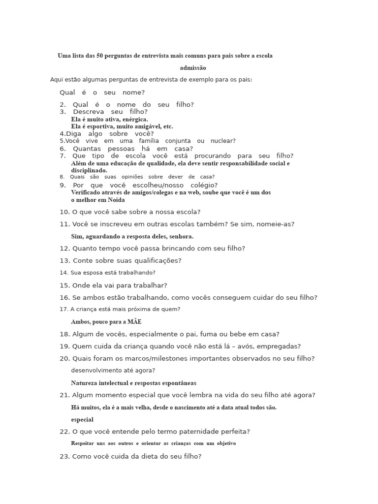 50 Perguntas Comuns para Pais na Entrevista Escolar | PDF | Família | Tempo