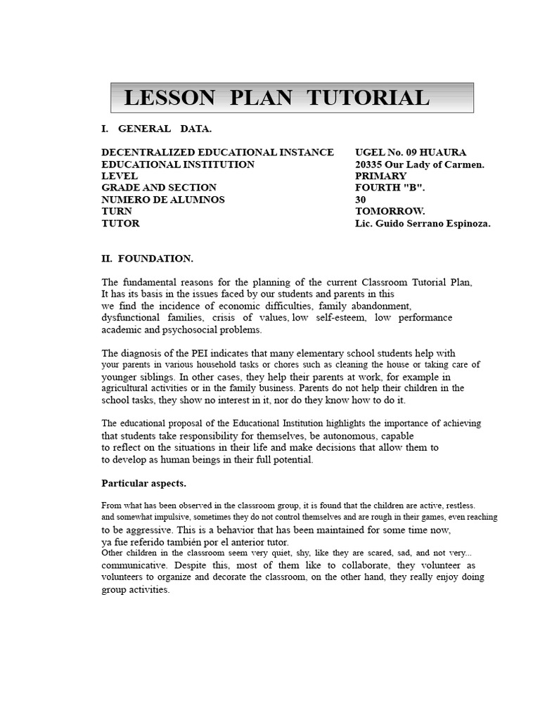 Classroom Tutorial Plan for Primary Students | PDF | Disciplines | Self ...