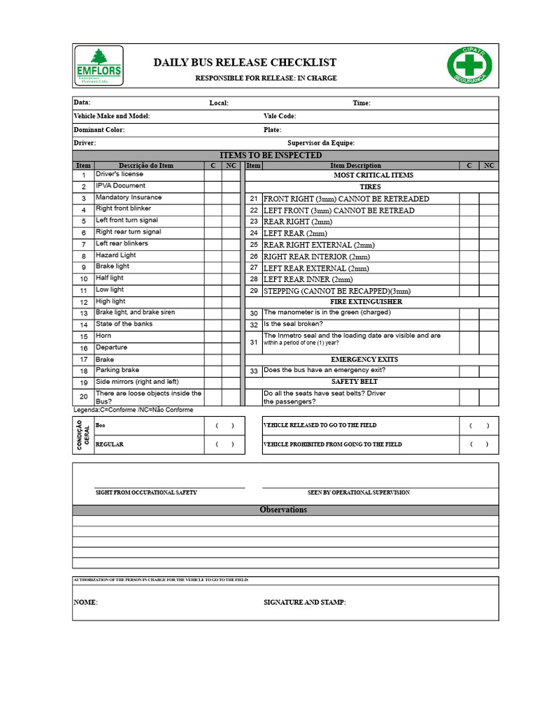 Daily Bus Release Inspection Checklist | PDF | Bus | Seat Belt