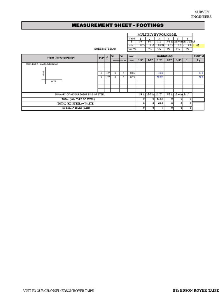 Steel Measurement Sheet for Footings | PDF