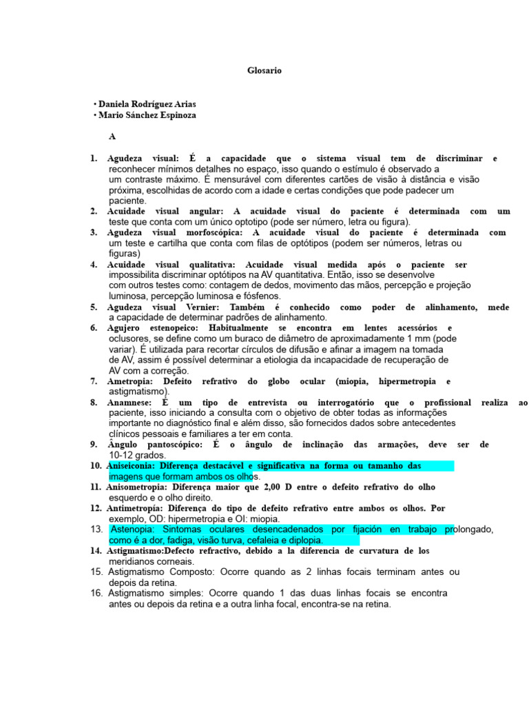Glossário de Termos Oculares e Visuais | PDF | Sistema visual | Olho humano