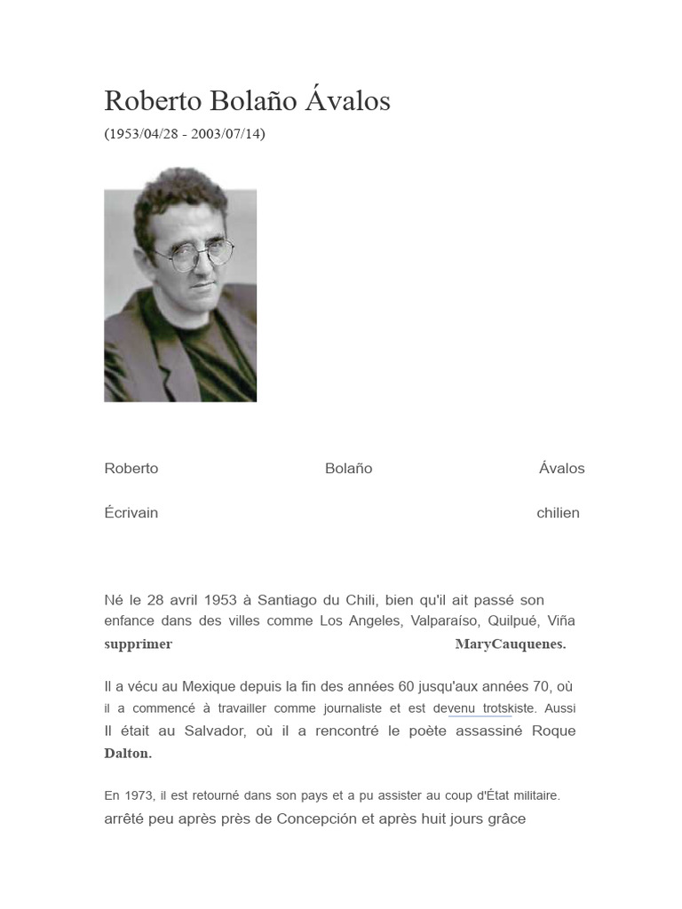 Vie et œuvres de Roberto Bolaño | PDF | Romans | Écriture