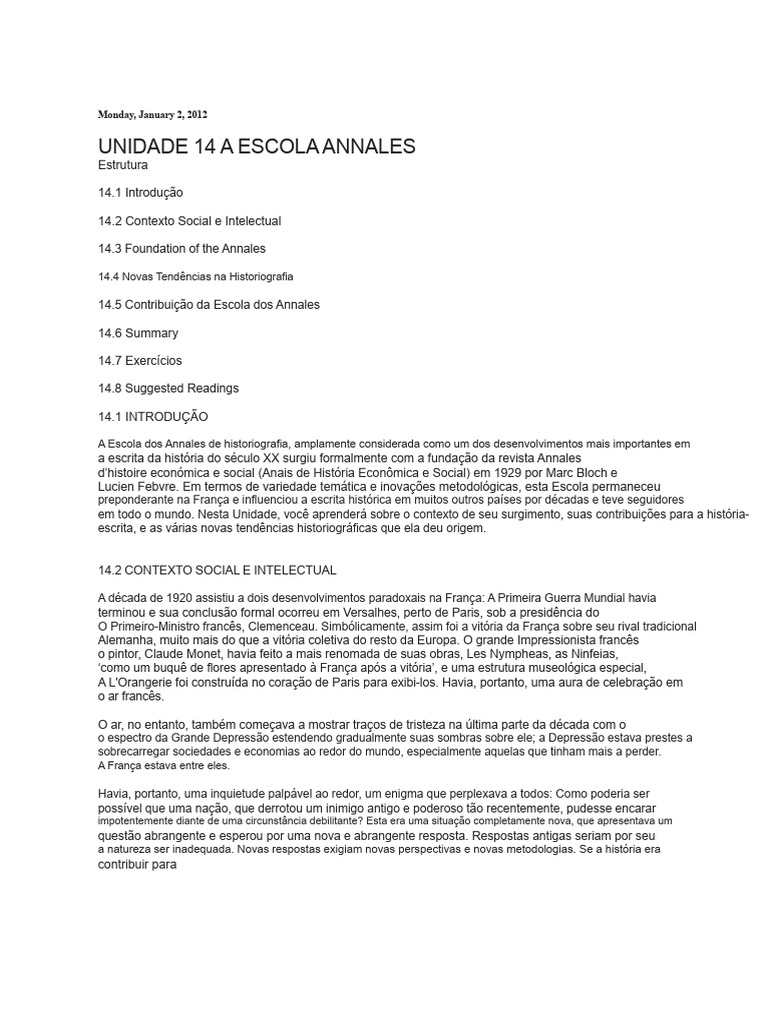 A Escola dos Annales | PDF | Sociologia | Historiografia