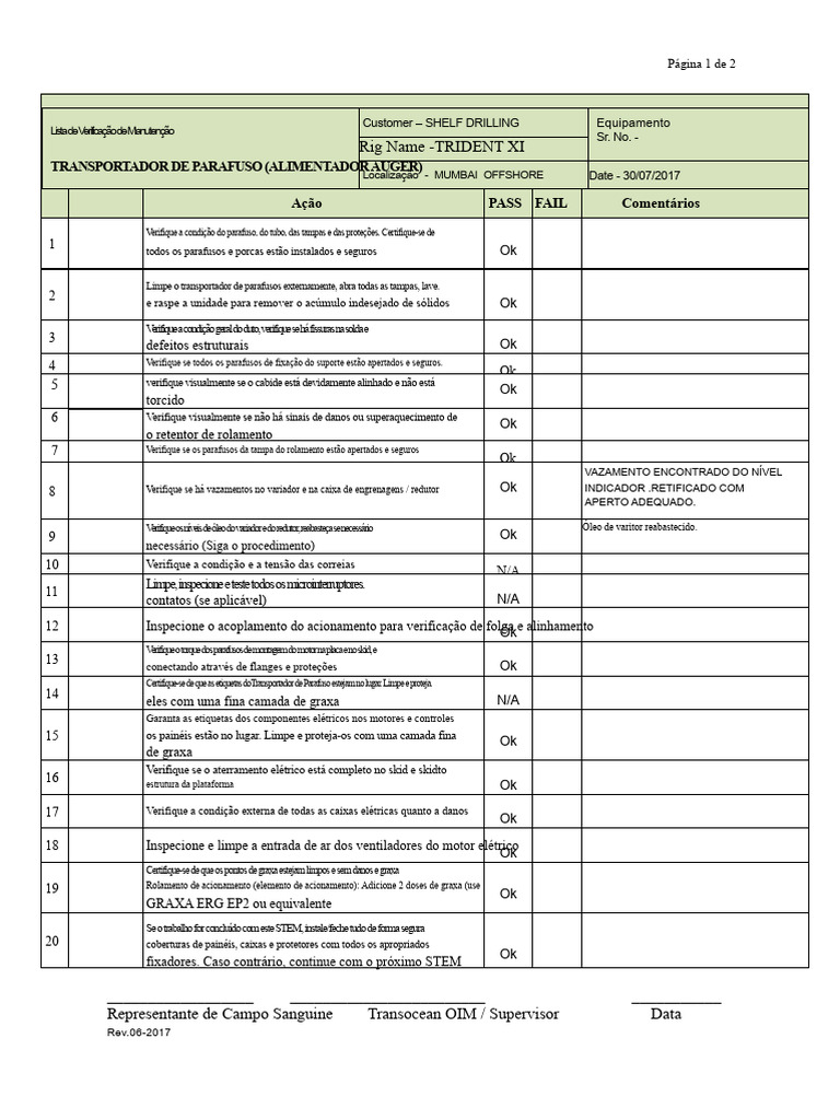 Checklist de Manutenção do Transportador Auger | PDF | Parafuso