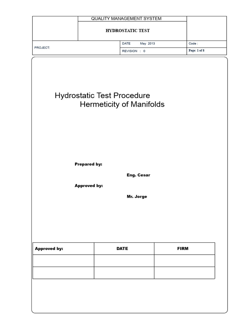 Hydrostatic Test Procedure for Manifold 1 | PDF | Pressure | Pressure ...